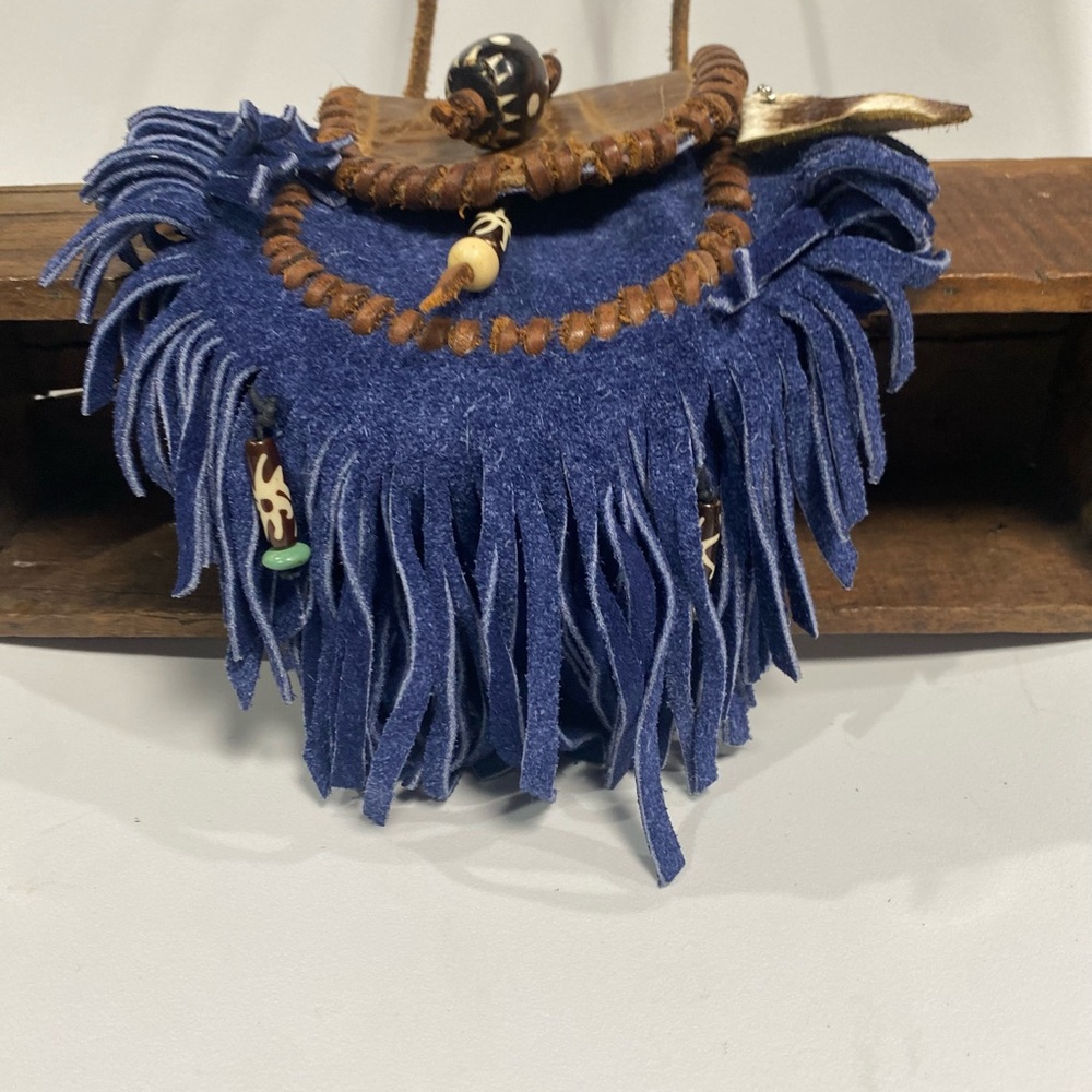 NWT Blue Bohemian Fringe Crossbody Bag genuine leather,skin,beading,suede